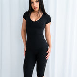 BLACK CAP SLEEVE TEE.